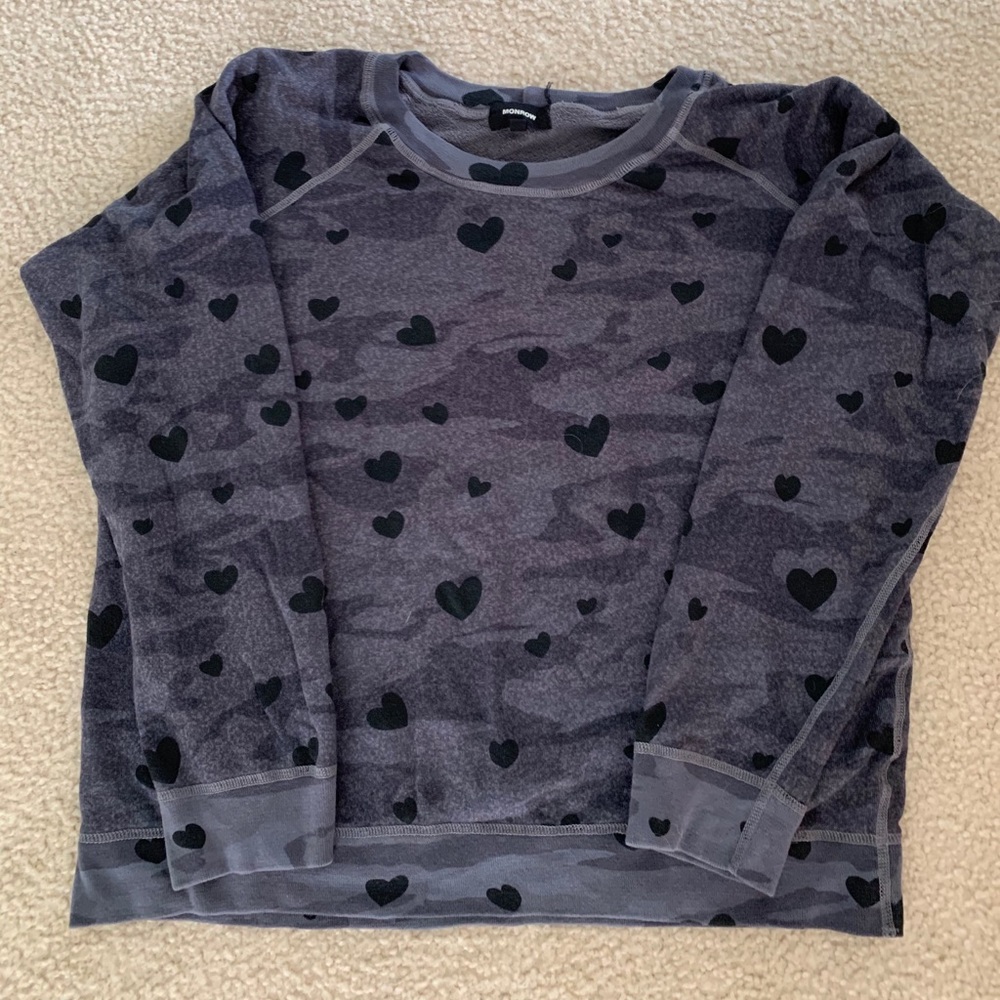 Monrow, camo sweatshirt with hearts.
